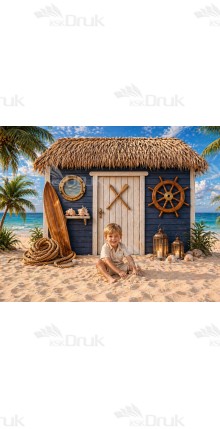 Tło fotograficzne „Nadmorska chatka z deską surfingową i latarniami” | 4076